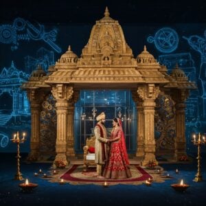 A grand traditional Indian wedding mandap intricately carved with engineering tools and architectural designs, illuminated by warm golden light. In the center, a young Indian couple in modern wedding attire (groom in contemporary sherwani, bride in designer lehenga) stand together, while ethereal projections of architectural blueprints, tools, and temple designs float around them in glowing blue hues. The backdrop features a stunning modern glass-and-steel building seamlessly merging with an ancient temple architecture, symbolizing the blend of tradition and modernity. Decorative elements include golden gears, compass designs, and sacred geometric patterns. Small floating diyas and lotus flowers create a magical atmosphere. The scene is rendered in a style combining digital art with traditional Madhubani patterns, using a color palette of deep blues, burnished gold, and rich maroon. Subtle sacred threads and celestial patterns weave through the air, creating an ethereal, divine atmosphere. The lighting creates a dramatic interplay of light and shadow, emphasizing the architectural elements.