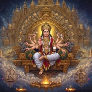 A majestic scene depicting Lord Vishwakarma with four arms, seated on an ornate golden throne floating amidst cosmic clouds. In his hands, he holds divine tools - a measuring rope, a craftsman's hammer, architect's compass, and a sacred text. He wears traditional Indian royal attire in celestial white and gold, with an elaborate crown adorned with gems. Behind him, a massive mandala-inspired workshop emerges with intricate gears, celestial architecture, and divine weapons in various stages of creation. The foreground shows modern tools and traditional craftsman implements arranged in a geometric pattern, with soft golden light emanating from them. Floating lotus flowers and mystical symbols surround the scene. The color palette combines deep royal blues, celestial golds, and warm copper tones. The art style merges traditional Madhubani patterns in the details with modern digital art techniques, creating a surreal, divine atmosphere. Small vignettes in the corners show different artisans at work, their tools glowing with divine energy. Ethereal sparkles and divine light rays illuminate the entire composition.
