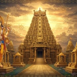 A majestic Indian temple complex with distinctive Vishwakarma architectural elements, featuring intricate golden geometric patterns and celestial measuring tools floating in the air. The central temple has multiple-tiered gopurams adorned with detailed carvings of divine craftsmen at work. In the foreground, a ethereal figure of Lord Vishwakarma in rich gold attire, holding his divine attributes - measuring stick (hasta) in upper right hand, craftsman's hammer in upper left hand, sacred book in lower right hand, and a pot (water vessel) in lower left hand. He wears an ornate crown with precious gems. The scene is illuminated by warm, divine light streaming through clouds, creating a surreal atmosphere. Floating architectural blueprints with sacred geometry patterns surround the temple. The landscape features smaller shrines connected by decorated pathways lined with lotus ponds. The color palette focuses on deep golds, celestial blues, and sacred saffron, with metallic accents. Art style combines traditional Pattachitra patterns with modern digital art techniques, emphasizing both divine grandeur and architectural precision. Ethereal glowing mandalas hover in the sky, while sacred tools of various crafts create a border around the scene.