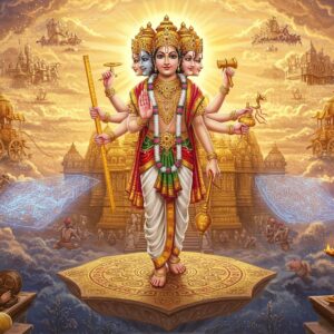 A majestic depiction of Lord Vishwakarma, the divine architect, in his celestial form with four heads and eight hands, wearing golden ornate crown and divine clothes in saffron and white. In his hands holding divine instruments - the measuring stick (hasta), crafting tools, sacred thread (sutra), book of designs (shilpa shastra), and his signature hammer and chisel. He stands atop an ethereal floating marble platform with intricate Madhubani-style geometric patterns. Behind him rises a magnificent golden temple under construction, with parts still forming from divine light. Surrounding him are floating architectural blueprints made of glowing sacred geometry and mandala patterns in peacock blue. The scene is set in a celestial workshop with partly complete divine weapons, ornate chariots, and celestial architecture emerging from golden light. Multiple divine craftsmen in traditional Indian attire work in the background. The lighting is warm and divine with rays of golden light streaming through clouds. The art style combines hyperrealistic digital art with traditional Indian Pattachitra patterns. The atmosphere is ethereal and majestic with floating sparkles and streams of divine energy.