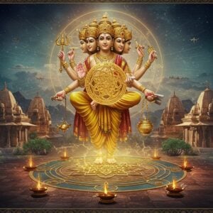 A grand architectural visualization featuring Lord Vishwakarma, depicted as a divine architect with four heads and eight hands, holding his traditional tools - vajra (thunderbolt), books, noose, craftsman's tools in different hands, wearing golden ornaments and crown. He's shown creating an intricate 3D golden Vastu Purusha Mandala that floats in mid-air, with sacred geometry patterns emanating energy lines. The background shows a seamless blend of ancient Indian temple architecture transitioning into modern minimalist homes, all perfectly aligned with cardinal directions. Ethereal light beams in copper and gold tones filter through the scene. The foreground features a stylized yantra pattern with the five elements represented through modern design elements - earth (crystal), water (flowing stream), fire (copper lamp), air (swirling patterns), and space (geometric void). Decorative elements include intricate Madhubani patterns on the borders, floating lotus flowers, and subtle mandalas. The overall color palette combines deep maroons, burnished golds, and turquoise blues with modern metallic finishes. Photorealistic 3D rendering with ornate traditional Indian art details, cinematic lighting, architectural visualization quality.