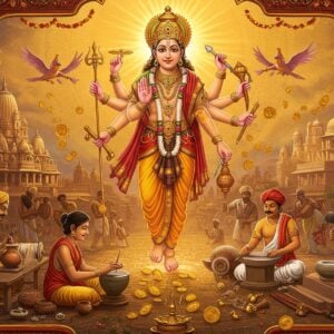 A majestic scene depicting Lord Vishwakarma, the divine architect, in traditional Indian attire with four hands, holding his symbolic tools - vajra (thunderbolt), measuring stick, chisel, and sacred book, floating ethereally above a modern Indian cityscape. Below him, a diverse group of skilled Indian artisans (potter, weaver, metalsmith, carpenter) work with both traditional and modern tools, their workspaces illuminated by warm, divine golden light streaming from above. The background features a seamless blend of ancient temple architecture transitioning into modern smart cities, with intricate Madhubani-style patterns flowing throughout. The color palette combines rich traditional colors (deep maroon, saffron, gold) with modern metallic sheens. Flying sacred geometric patterns and mandalas frame the scene, while lotus flowers bloom at the corners. The artwork style combines hyperrealistic detail with ethereal digital art elements, creating a bridge between tradition and modernity. Floating golden coins and prosperity symbols subtly suggest economic empowerment.