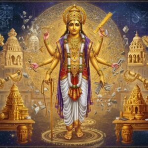 A majestic portrayal of Lord Vishwakarma, depicted as a divine architect with four arms, golden complexion, and adorned in pristine white dhoti with intricate gold embellishments. In his hands he holds his sacred attributes - a measuring rope and craftsman's square in his upper hands, while his lower hands grasp a book of knowledge and divine crafting tools. He wears a spectacular golden crown adorned with gems and rubies. Behind him floats an ethereal mandala made of geometric patterns and architectural blueprints in glowing gold lines. The background features a grand, partially constructed celestial palace with floating pieces of marble and stone assembling themselves magically in mid-air. Surrounding him are his creations - gleaming weapons, ornate jewelry, and divine architecture, all rendered in a luminous golden light. The scene is set in a cosmic workshop with swirling stars and celestial energies. The art style combines traditional Madhubani patterns in the borders with modern digital art techniques, using a color palette of deep gold, copper, white, and royal blue. Divine tools and instruments float in a spiral pattern around him, emanating a soft divine glow. The overall composition radiates divine craftsmanship and celestial engineering prowess.