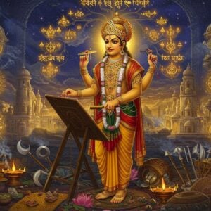 A majestic celestial workshop scene featuring Lord Vishwakarma in traditional Indian craftsman attire with golden skin tone, wearing an ornate crown and sacred thread. He stands at a divine architectural drawing board with four arms - one holding the measuring stick (dandha), one with a book (veda), one with craftsman's tools, and one blessing. Behind him floats an intricate family tree made of golden light and Sanskrit symbols. The background shows partially constructed celestial structures including parts of Indra's palace and Krishna's Dwaraka in ethereal, glowing architecture. Sacred geometric patterns and yantra designs float in the air. The scene is illuminated by divine golden light with traces of blue cosmic energy. Multiple divine weapons and tools of various crafts lie scattered around. The art style combines Madhubani's intricate detailing with modern digital art techniques, using a color palette of celestial gold, deep sapphire blue, and burnished copper. Floating lotus flowers and mystical smoke add depth while maintaining the spiritual atmosphere.