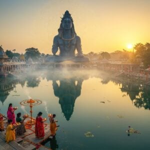 A serene aerial view of Ganga Talao at dawn, with the massive 108-foot Lord Shiva statue emerging majestically from morning mist, its reflection perfectly mirrored in the sacred lake's crystal-clear waters. The statue is rendered in intricate Madhubani-style details, with rich indigo and gold accents. In the foreground, a group of Indian pilgrims in traditional attire (men in kurtas and women in sarees) perform aarti with brass thalis decorated with marigolds and lit diyas. The scene is illuminated by the warm golden sunrise creating a ethereal glow, with floating lotus flowers and delicate flower petals scattered across the water's surface. The surrounding landscape features lush tropical vegetation in deep emerald tones, with columns of fragrant incense smoke rising in spiral patterns. Small temples with intricate architectural details dot the shoreline, their spires decorated with saffron flags fluttering in the gentle breeze. The entire scene is encompassed by a subtle, glowing mandala pattern in the sky, suggesting divine presence. The art style combines photorealistic elements with surreal, spiritual overtones, creating a dreamlike quality while maintaining geographical accuracy. Soft morning fog adds depth and mystery to the background.