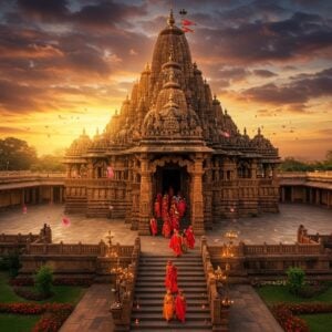 A majestic aerial view of Grishneshwar Temple at golden hour, with its intricate Nagara-style architecture rendered in warm sandstone tones, featuring detailed carved pillars and spires against a dramatic sunset sky with deep oranges and purples. The temple's main shikhara tower rises prominently, adorned with traditional Maratha-era sculptural elements and geometric patterns. In the foreground, devotees in colorful traditional Maharashtra attire walking through the ornate entrance archway. The scene is enhanced with floating lotus petals and subtle golden light rays filtering through clouds. Small oil lamps illuminate the temple steps, creating a warm, welcoming glow. The surrounding landscape shows a harmonious blend of ancient architecture and modern facilities, with well-maintained gardens featuring native flowers. The artistic style combines photorealistic architectural details with ethereal lighting effects and stylized Indian decorative elements, creating a serene and inviting atmosphere. The color palette emphasizes rich golds, deep reds, and earthy browns, with hints of celestial blues in the sky.