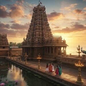 A majestic aerial view of Thirukadalmallai temple complex during golden hour, with the ornate Rajagopuram rising against a dramatic sky filled with soft pink and orange clouds. The Shore Temple's silhouette reflects in calm waters, creating a mirror-like effect. In the foreground, a modern Indian family (father in crisp white kurta, mother in elegant silk saree, and two children) walks along a well-maintained stone pathway lined with traditional brass lamps. Digital art elements include subtle golden mandalas floating in the sky, intricate Pattachitra-style border patterns along the temple architecture, and ethereal light rays filtering through the clouds. The scene combines photorealistic architecture with stylized traditional Indian art elements, featuring a color palette of deep ocean blues, sandstone browns, sunset oranges, and touches of gold. Sacred lotus flowers float in nearby water bodies, while peacocks perch gracefully on temple walls. The atmosphere captures both the spiritual significance and tourist-friendly aspects of the location, with subtle modern amenities visible in the background.
