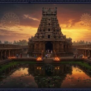 A majestic aerial view of Uthamar Kovil temple at golden hour, with its ornate Dravidian architecture featuring detailed gopuram rising against a dramatic sunset sky in vibrant oranges and purples. The temple's reflection shimmers in a foreground water body adorned with floating lotus flowers. Traditional Madhubani-style patterns frame the scene, incorporating peacocks, elephants, and sacred geometric designs in deep indigo and gold. Modern Indian tourists in contemporary clothing explore the ancient stone courtyards, their silhouettes casting long shadows. Soft glowing diyas illuminate the temple steps, creating a mystical atmosphere. The scene seamlessly blends photorealistic architectural details with ethereal lighting and stylized artistic elements. The stone carvings of the temple walls are highlighted with a subtle golden glow, while intricate mandala patterns float in the sky like celestial bodies. The overall composition balances historical authenticity with modern digital art techniques, creating an inviting and spiritually rich atmosphere. Cinematic lighting, volumetric fog, 8k quality, hyperrealistic textures.