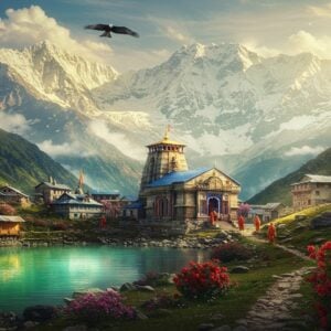 A breathtaking panoramic view of the snow-capped Himalayan peaks in Uttarakhand, with the sacred Kedarnath temple nestled amidst the mountains, its ancient stone architecture detailed in intricate Madhubani style. In the foreground, a pristine emerald lake reflects the mountains like a mirror. Traditional Garhwali houses with ornate wooden carvings dot the hillside, their roofs adorned with vibrant prayer flags fluttering in the wind. A majestic Himalayan eagle soars overhead, while blooming rhododendrons in deep crimson add splashes of color to the landscape. The scene transitions from spring flowers in the valley to eternal snow on the peaks, showcasing multiple seasons in one frame. The lighting is ethereal, with golden sunshine breaking through misty clouds, creating a divine atmosphere. In the mid-ground, a small group of pilgrims in traditional Indian attire walk along a mountain path, their silhouettes adding scale to the magnificent landscape. The artwork combines hyperrealistic natural details with stylized Pahari painting elements, featuring rich jewel tones of deep blue, emerald green, and golden yellow. Soft glowing halos around the temple and mountain peaks create a surreal, spiritual atmosphere.