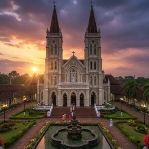 A majestic aerial view of the Indo-Gothic Basilica of Our Lady of Dolours during golden hour, its white and cream facade glowing against a dramatic sky with soft pink and purple clouds. The church's twin spires reach gracefully towards heaven, standing at 79 meters tall. The foreground features intricate Keralan-style gardens with blooming frangipani flowers and palm trees. Warm sunlight streams through the Gothic windows, creating ethereal light beams. The massive structure is reflected in a decorative fountain pool, adding symmetry and depth. Several devotees in traditional Kerala attire are seen walking towards the grand entrance steps. The scene captures both the architectural grandeur and spiritual ambiance, with subtle lens flares and golden rim lighting highlighting the building's elegant details. The composition emphasizes the basilica's status as Asia's third tallest church, with a low-angle perspective that accentuates its imposing height. Photorealistic digital art style with atmospheric lighting, detailed textures, and architectural precision.