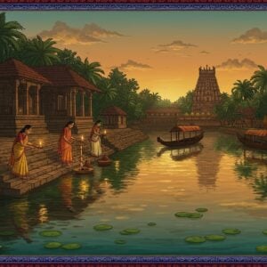 A serene twilight scene of a traditional Kerala water body (Vanchikulam) with ancient stone steps (ghats) leading to crystal-clear waters, rendered in rich Madhubani-inspired art style. The water reflects golden hour light, creating mesmerizing patterns. Ancient stone temples with intricate Kerala architecture stand majestically on one side, while tall coconut palms line the opposite bank. Women in traditional Kerala kasavu sarees perform evening rituals with brass lamps, creating golden reflections in the water. Traditional wooden boats adorned with oil lamps float gracefully. The scene features detailed Pattachitra-style borders with peacock blue and deep maroon, incorporating sacred lotus motifs and traditional Kerala elements like elephants and kathakali masks. Soft glowing orbs of light hover above the water, creating an ethereal atmosphere. The sky shows a gradient from deep saffron to peacock blue, with stylized clouds inspired by traditional Indian art. The overall composition balances historical authenticity with magical realism, rendered in a modern digital art style that maintains cultural accuracy.