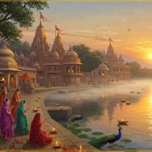 A serene panoramic view of Vrindavan's sacred path during sunrise, with the iconic Yamuna River flowing gracefully on one side, its waters reflecting golden light. In the foreground, a group of devotees in traditional Indian attire (men in white kurtas, women in colorful sarees) performing parikrama with folded hands. Ancient temples with intricate architectural details emerge from morning mist, their spires adorned with gold-leafed kalash. Towering sacred kadamba and tamal trees line the path, their branches laden with peacocks. The scene is illuminated by a ethereal combination of dawn light and floating diyas on the Yamuna. Delicate Krishna-conscious motifs like flutes, peacock feathers, and lotus flowers are artistically integrated into the landscape. The atmosphere captures both devotion and mysticism with soft, glowing orbs of light and falling flower petals. Art style combines traditional Vrindavan miniature painting techniques with modern digital art aesthetics, featuring rich colors like deep blues, saffron, and gold. Realistic rendering with a touch of spiritual surrealism, maintaining high attention to architectural accuracy of Vrindavan's temples.