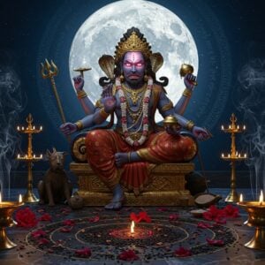 A majestic depiction of Lord Bhairava in his fierce form, seated in padmasana on a golden throne adorned with skulls, against a deep midnight blue background illuminated by a large silver moon. He has four arms - right upper hand holding damaru, right lower hand in abhaya mudra, left upper hand wielding trishul, and left lower hand holding kapala. His third eye prominently glows with divine energy, wearing a garland of skulls and serpents around his neck. His faithful companion, a celestial dog, sits alert beside him. The scene is set in a modern minimalist home shrine with sleek marble floors and contemporary architecture, decorated with traditional brass diyas emitting warm golden light. Floating mandalas with intricate Tantric geometry patterns surround him in concentric circles. The color palette combines deep indigos, burnished golds, and crimson accents. Smoke from copper incense holders creates ethereal swirls in the air, while scattered red hibiscus flowers and black sesame seeds form traditional yantra patterns on the floor. The art style merges hyperrealistic digital rendering with traditional Tantric art elements, creating a powerful yet serene atmosphere suitable for modern spiritual practice.