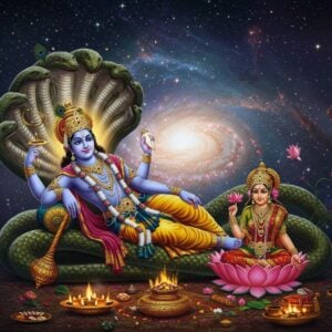 A majestic Lord Vishnu reclining on the cosmic serpent Shesha with 1000 hoods against a deep celestial background with swirling galaxies and nebulae. Vishnu has four hands - holding the Sudarshana Chakra (top right), Panchajanya conch (top left), lotus flower (bottom right), and mace Kaumodaki (bottom left). He wears a radiant golden crown adorned with precious gems, golden Pitambara vastra, and elaborate jewelry including the Kaustubha gem. Goddess Lakshmi sits at his feet performing seva. The scene is surrounded by intricate Madhubani-style border patterns in gold and peacock blue. Soft ethereal light emanates from Vishnu's form. Traditional puja items like flowers, incense, and a decorated thali float ethereally around the scene. The color palette features deep royal blues, luminous golds, and touches of lotus pink. The art style merges traditional Indian iconography with modern digital fantasy art techniques, creating a serene yet powerful atmosphere. Photorealistic quality, cinematic lighting.