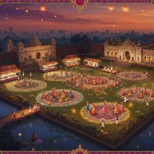 A vibrant aerial view of Yelahanka fort complex illuminated at dusk, with intricate Madhubani-style patterns overlaying the scene. Traditional Karnataka folk dancers in colorful costumes perform in multiple circular formations, creating mandala-like patterns when viewed from above. Modern food stalls with glowing lights line the periphery, their arrangement following sacred geometry. Ethereal golden light bathes the scene, while floating paper lanterns and sparklers create a magical atmosphere. Small groups of people in contemporary Indian attire navigate through well-marked pathways decorated with rangoli patterns. Traditional musicians playing tablas and flutes blend seamlessly with modern stage setups. The foreground features a serene lotus pond reflecting the festivities, while the background showcases the modern Bengaluru skyline with hints of sunset colors. The art style combines digital hyperrealism with traditional Indian motifs, featuring a rich color palette of deep purples, festive yellows, and warm oranges. Decorative elements like peacock feathers, jasmine garlands, and traditional Karnataka symbols adorn the borders of the scene, rendered in a modern minimalist style.