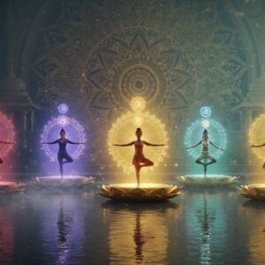 A serene panoramic scene showing six Indian yoga practitioners in synchronized poses, each representing different yoga styles. The central figure performs Ashtanga's dynamic warrior pose, surrounded by others showing Hatha's tree pose, Kundalini's cobra pose, Iyengar's precise alignment, Yin's gentle forward fold, and Vinyasa's flowing sun salutation. They practice on floating lotus-shaped platforms above a reflective pool of water. The background features a massive, intricate mandala pattern in gold and peacock blue, with sacred geometry patterns emanating soft light. Modern glass architecture merges with traditional Indian temple elements in the distance. Ethereal mist swirls around the practitioners, with golden light filtering through. Each practitioner is surrounded by a distinct colored aura - crimson, sapphire, emerald, amethyst, golden, and white. Floating chakra symbols in corresponding colors hover above each practitioner. The scene combines photorealistic rendering with Madhubani-inspired patterns in the details. The lighting is dreamy and sophisticated, with lens flares and volumetric light adding a contemporary feel. The color palette includes deep jewel tones with modern metallic accents.