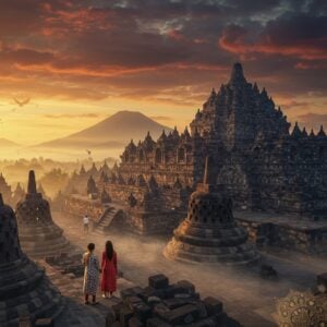 A mystical aerial view of Borobudur temple at sunrise, bathed in golden morning light with mist swirling around its base, rendered in a fusion of traditional Indian Madhubani and modern digital art style. The iconic stepped pyramidal structure features intricately detailed stone stupas and Buddha statues in meditation poses. In the foreground, a young Indian couple in contemporary travel attire (the woman in a flowing cotton kurti and the man in casual modern wear) stand on an ancient stone platform, looking towards the temple. The sky showcases dramatic clouds in deep oranges and purples, with rays of sunlight breaking through. In the background, the silhouette of Mount Merapi volcano looms majestically. Traditional Indonesian batik patterns float ethereally in the misty air, rendered in glowing golden lines. The scene is complemented by floating lotus flowers and mandala patterns in peacock blue and saffron colors. The lighting is dreamy and atmospheric, with soft glowing highlights on the temple's stone surfaces. The overall composition has a cinematic, panoramic quality with hyperrealistic details and a surreal, spiritual atmosphere.