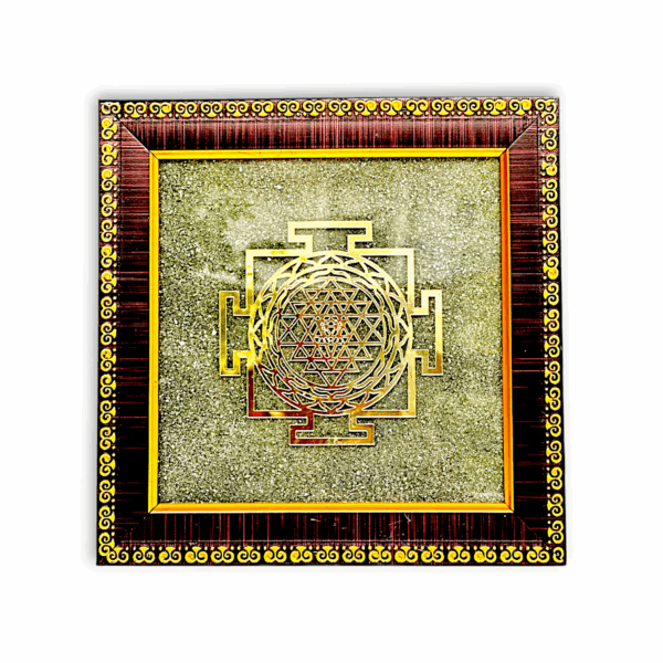 Handcrafted Natural Peru Pyrite Dust Plate - Shree Yantra Money Magnet Pyrite Frame - Shree Yantra