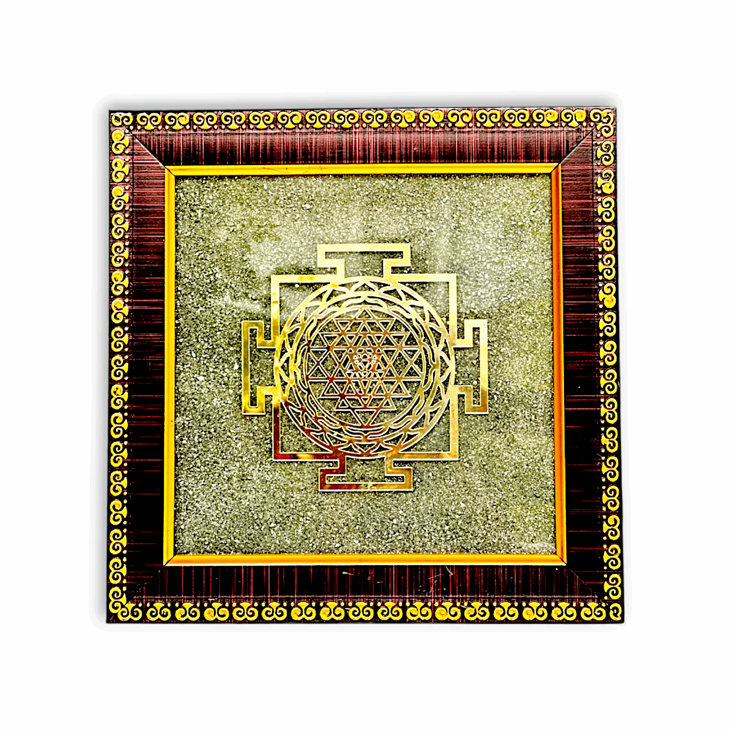 Handcrafted Natural Peru Pyrite Dust Plate - Shree Yantra Money Magnet Pyrite Frame - Shree Yantra