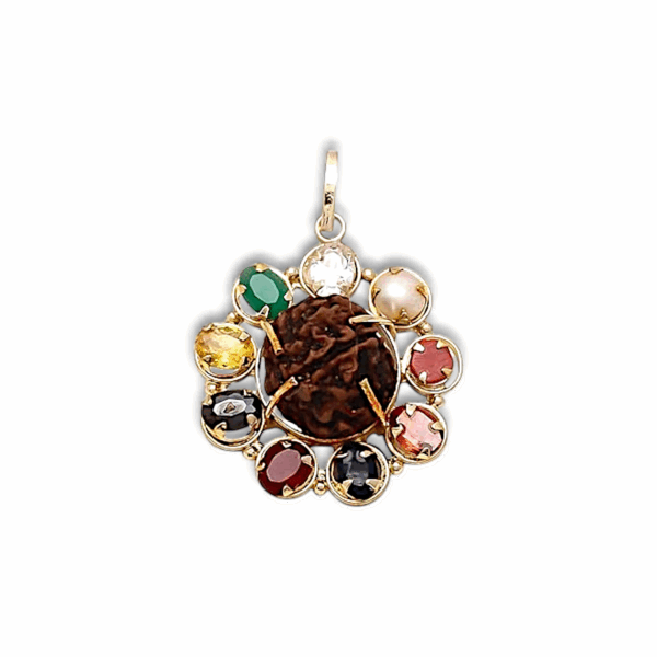 Synthetic Stones with 5 Mukhi Rudraksha Yantra - Unisex Gold Plated Metal Stone - 5 Mukhi Rudraksha -  Pendant Design Rudraksha