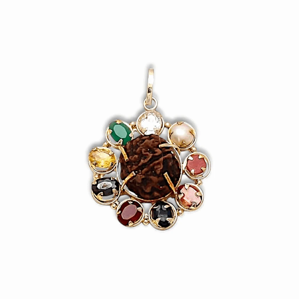 Synthetic Stones with 5 Mukhi Rudraksha Yantra - Unisex Gold Plated Metal Stone - 5 Mukhi Rudraksha - Pendant Design Rudraksha
