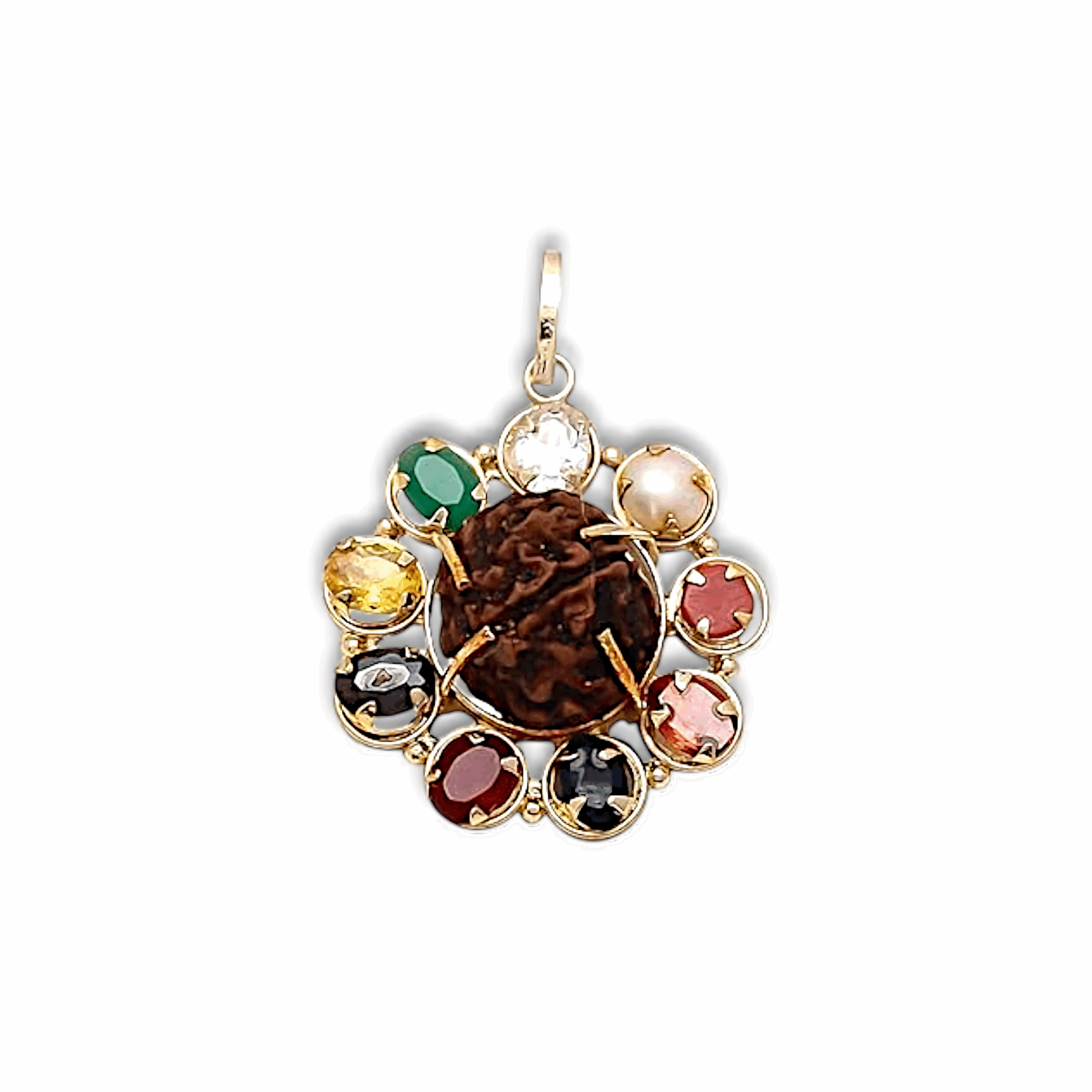 Synthetic Stones with 5 Mukhi Rudraksha Yantra - Unisex Gold Plated Metal Stone - 5 Mukhi Rudraksha -  Pendant Design Rudraksha