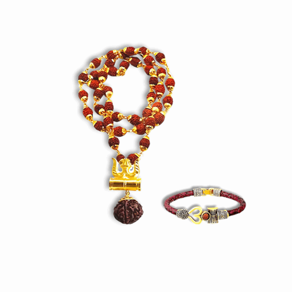 5 Mukhi Shiv Rudraksha Damru Trishul Locket - With Om Damru Leather Bracelet