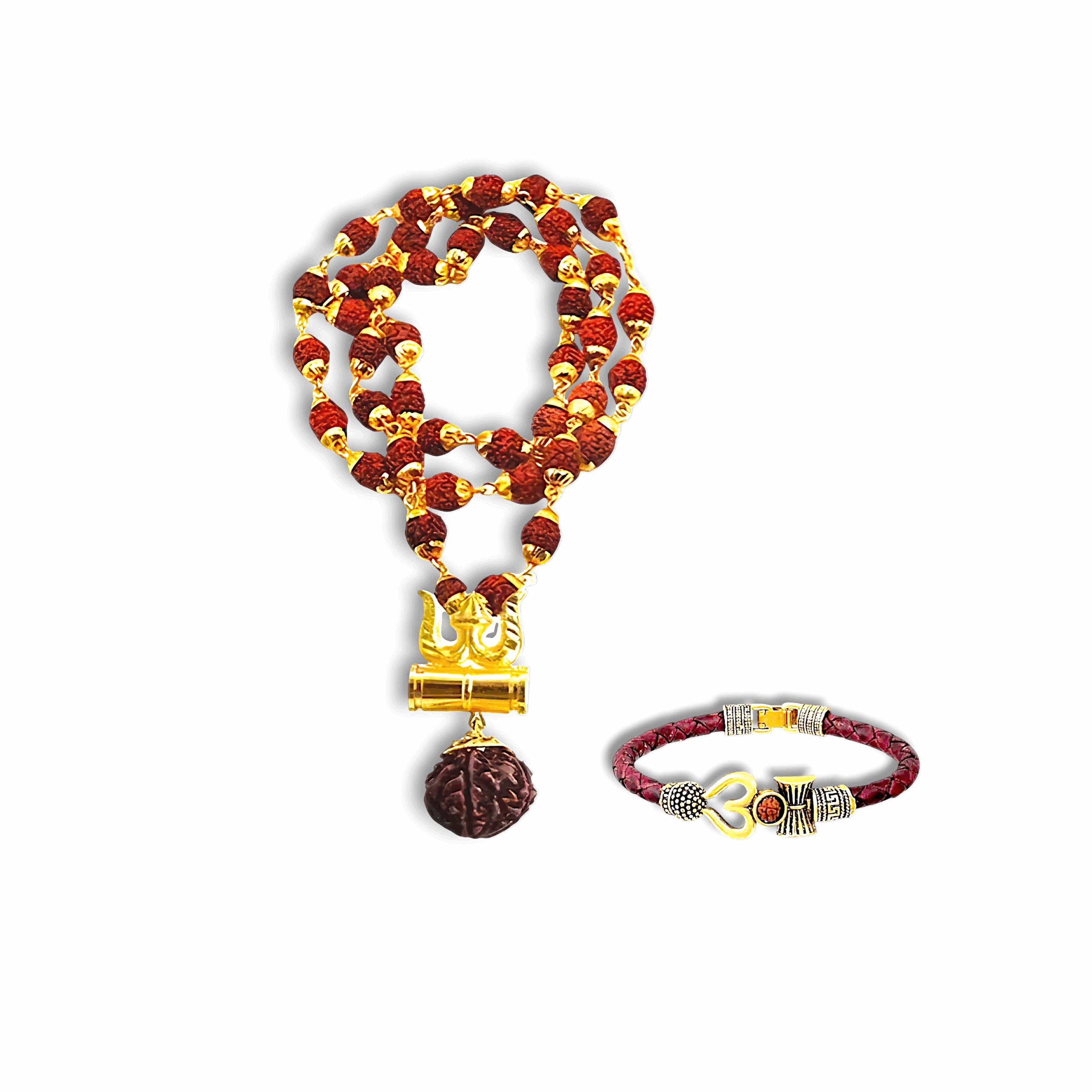 5 Mukhi Shiv Rudraksha Damru Trishul Locket - With Om Damru Leather Bracelet