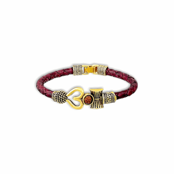 5 Mukhi Shiv Rudraksha Damru Trishul Locket - With Om Damru Leather Bracelet - Image 2