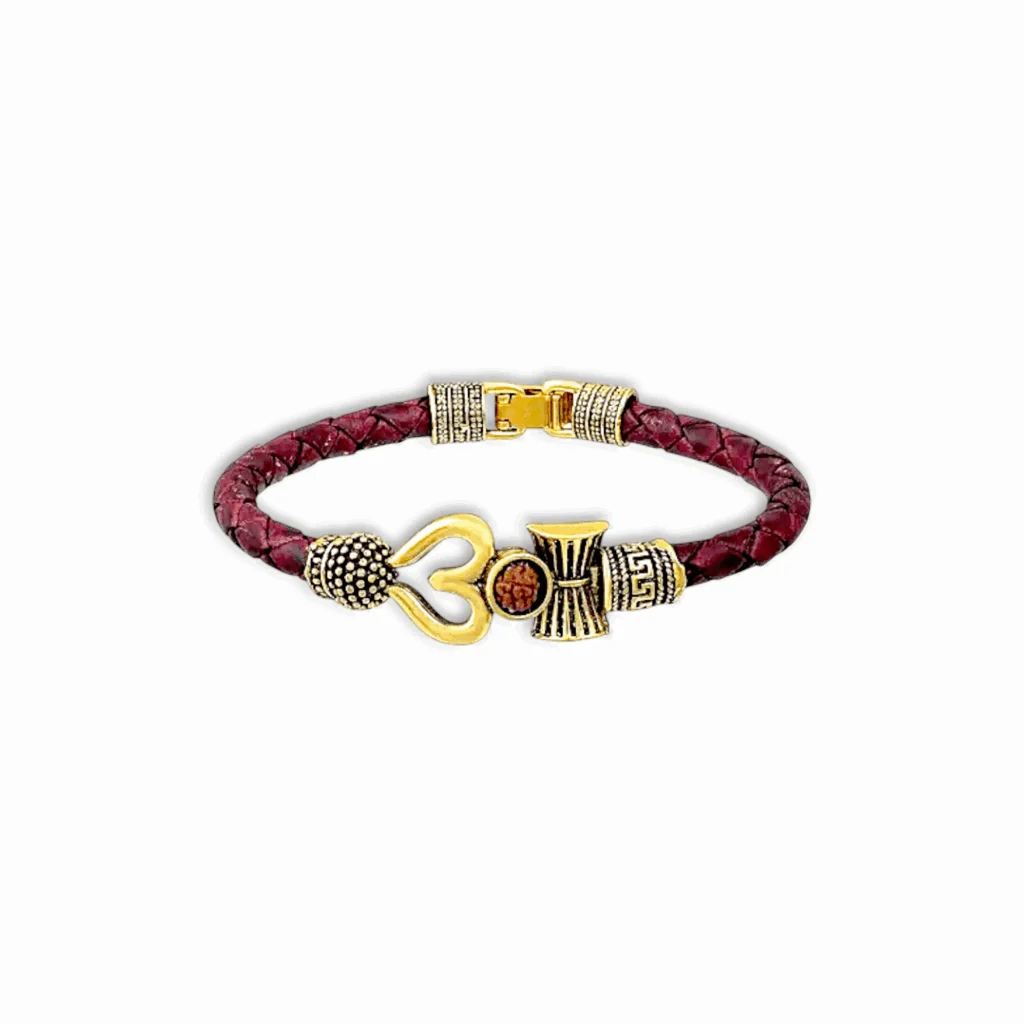 5 Mukhi Shiv Rudraksha Damru Trishul Locket - With Om Damru Leather Bracelet - Image 2