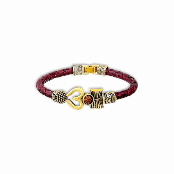5 Mukhi Shiv Rudraksha Damru Trishul Locket - With Om Damru Leather Bracelet - Image 2