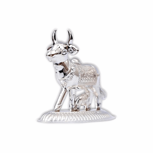 Silver Kamdhenu Cow and Calf Idol - Kamdhenu Cow and Calf Idol - Image 3