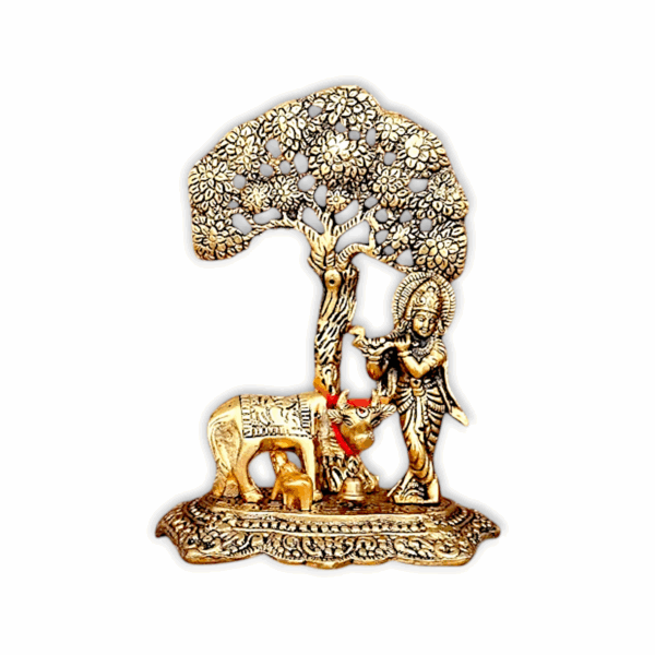 Krishna Cow With Calf Under The Tree Idol - Metal Krishna With Cow Standing