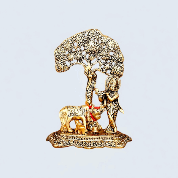 Krishna Cow With Calf Under The Tree Idol - Metal Krishna With Cow Standing - Image 3