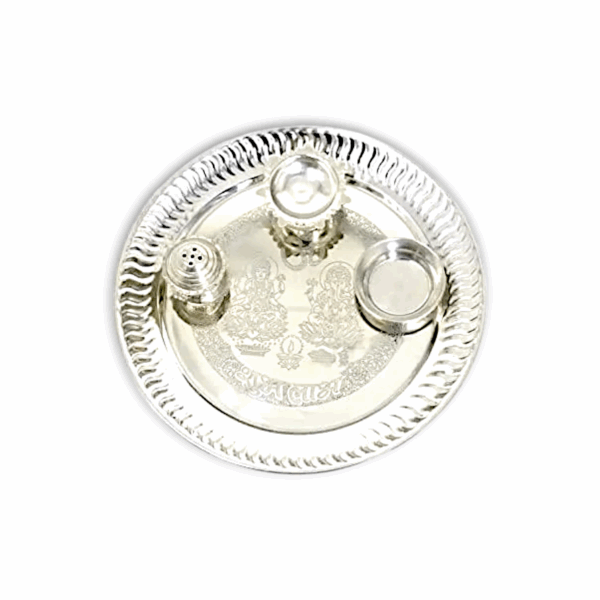 Metal Thali For Pooja - Pooja Thali - With Two Deep Diya, Bell, Haldi Kumkum Holder Made of German Silver - Image 2
