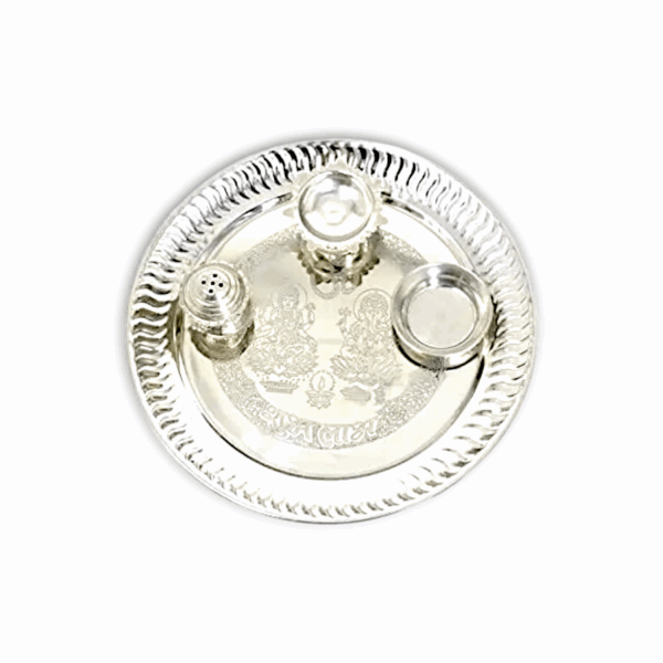 Metal Thali For Pooja - Pooja Thali - With Two Deep Diya, Bell, Haldi Kumkum Holder Made of German Silver - Image 2