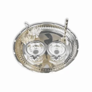 Metal Thali For Pooja - Pooja Thali - With Two Deep Diya, Bell, Haldi Kumkum Holder Made of German Silver