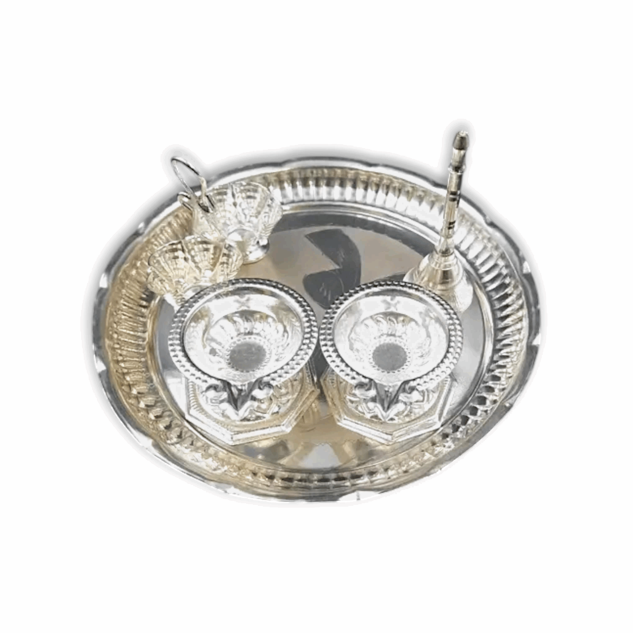 Metal Thali For Pooja - Pooja Thali - With Two Deep Diya, Bell, Haldi Kumkum Holder Made of German Silver