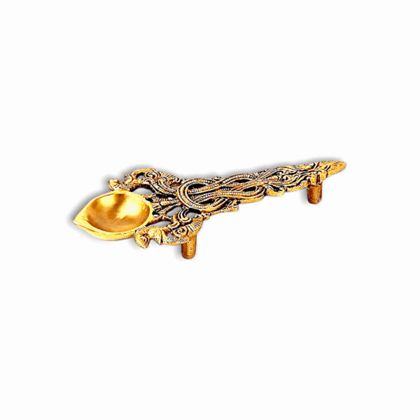 Designed Brass Kapoor Dani - Kapur Burner Embossed Peacock Design Hawan Spoon - Camphor Dani - Image 2