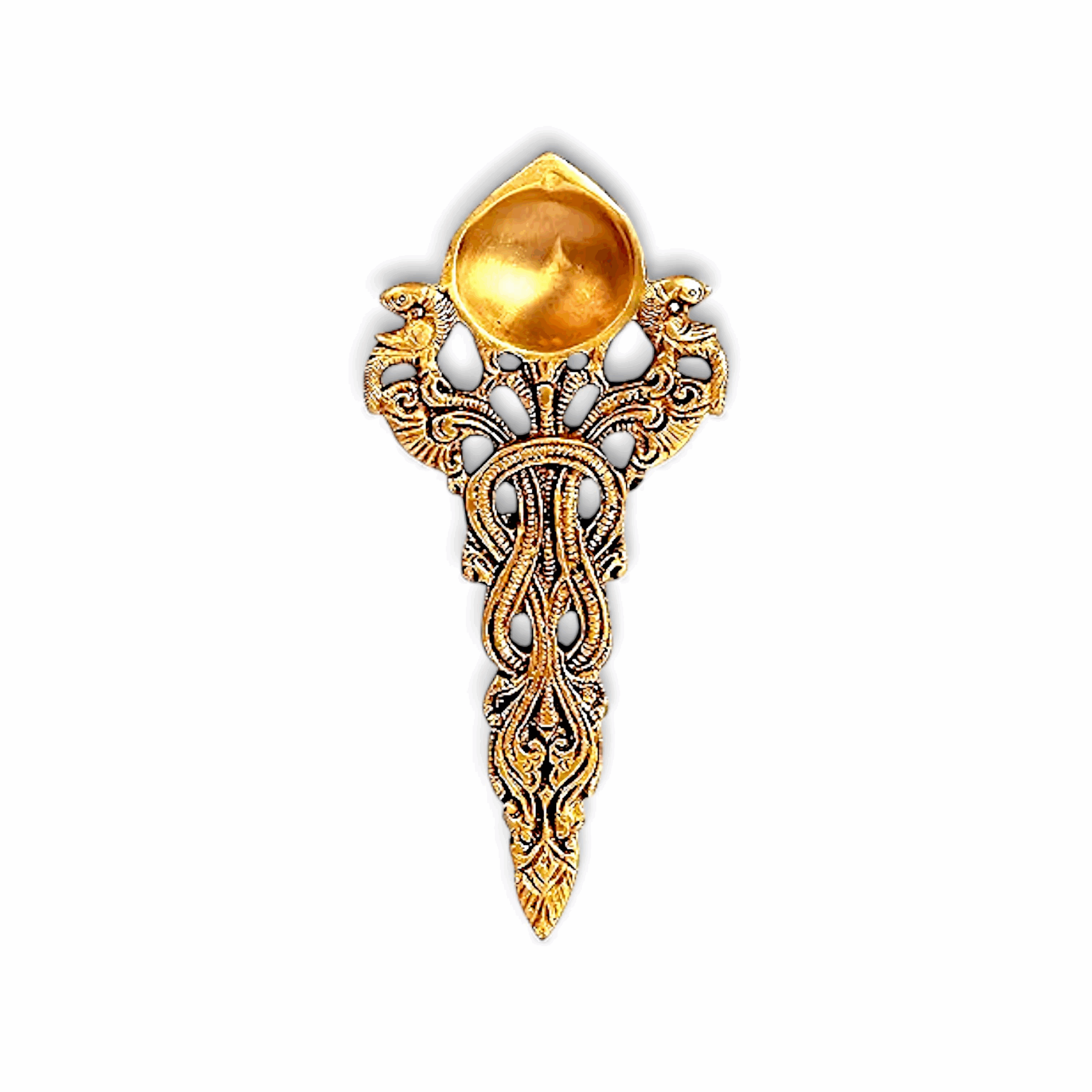 Designed Brass Kapoor Dani - Kapur Burner Embossed Peacock Design Hawan Spoon - Camphor Dani
