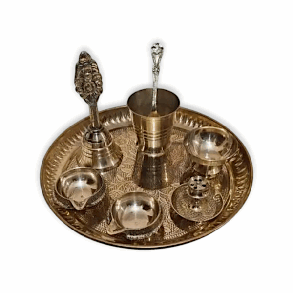 Pure Brass Pooja Thali Set with Pital Puja Plate, Small Glass, Spoon, Dhup Dani, Palli Ghanti, Kuber Diya, Arti Thali - Bhog Thali Set - Arti Thali for Diwali Home Office Mandir Wedding Return Gift Items - Bhagwan Bhog Set - 8 Items - Image 4