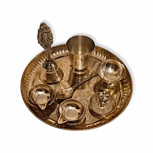 Pure Brass Pooja Thali Set with Pital Puja Plate, Small Glass, Spoon, Dhup Dani, Palli Ghanti, Kuber Diya, Arti Thali - Bhog Thali Set - Arti Thali for Diwali Home Office Mandir Wedding Return Gift Items - Bhagwan Bhog Set - 8 Items - Image 3