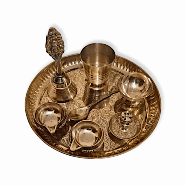 Pure Brass Pooja Thali Set with Pital Puja Plate, Small Glass, Spoon, Dhup Dani, Palli Ghanti, Kuber Diya, Arti Thali - Bhog Thali Set - Arti Thali for Diwali Home Office Mandir Wedding Return Gift Items - Bhagwan Bhog Set - 8 Items - Image 3