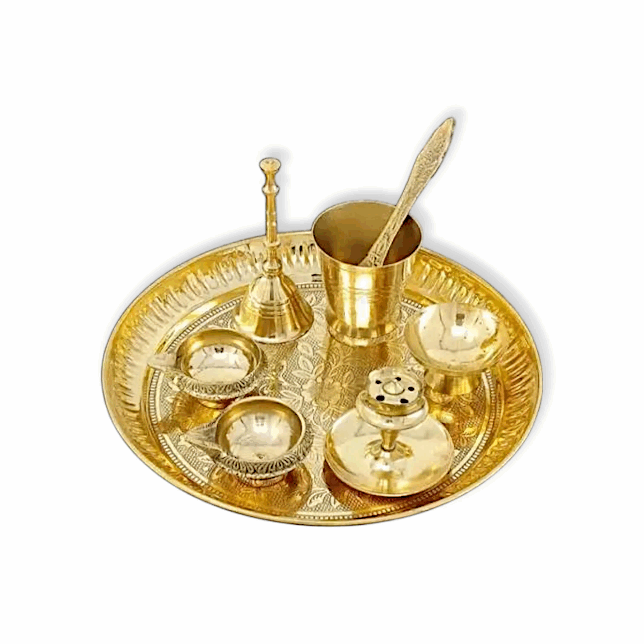 Pure Brass Pooja Thali Set with Pital Puja Plate, Small Glass, Spoon, Dhup Dani, Palli Ghanti, Kuber Diya, Arti Thali - Bhog Thali Set - Arti Thali for Diwali Home Office Mandir Wedding Return Gift Items - Bhagwan Bhog Set - 8 Items