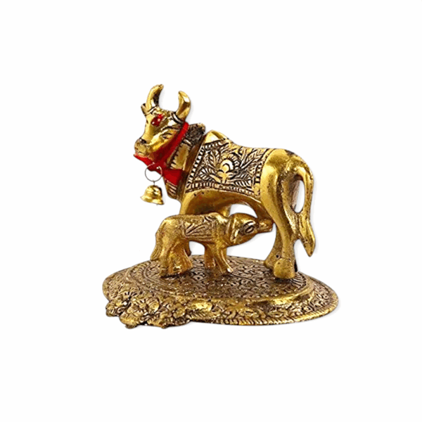 Metal Kamdhenu Cow and Calf Idol - Kamdhenu Cow with Calf - Elegant Kamdhenu Cow and Calf Metal Statue - Spiritual Showpiece - Image 2