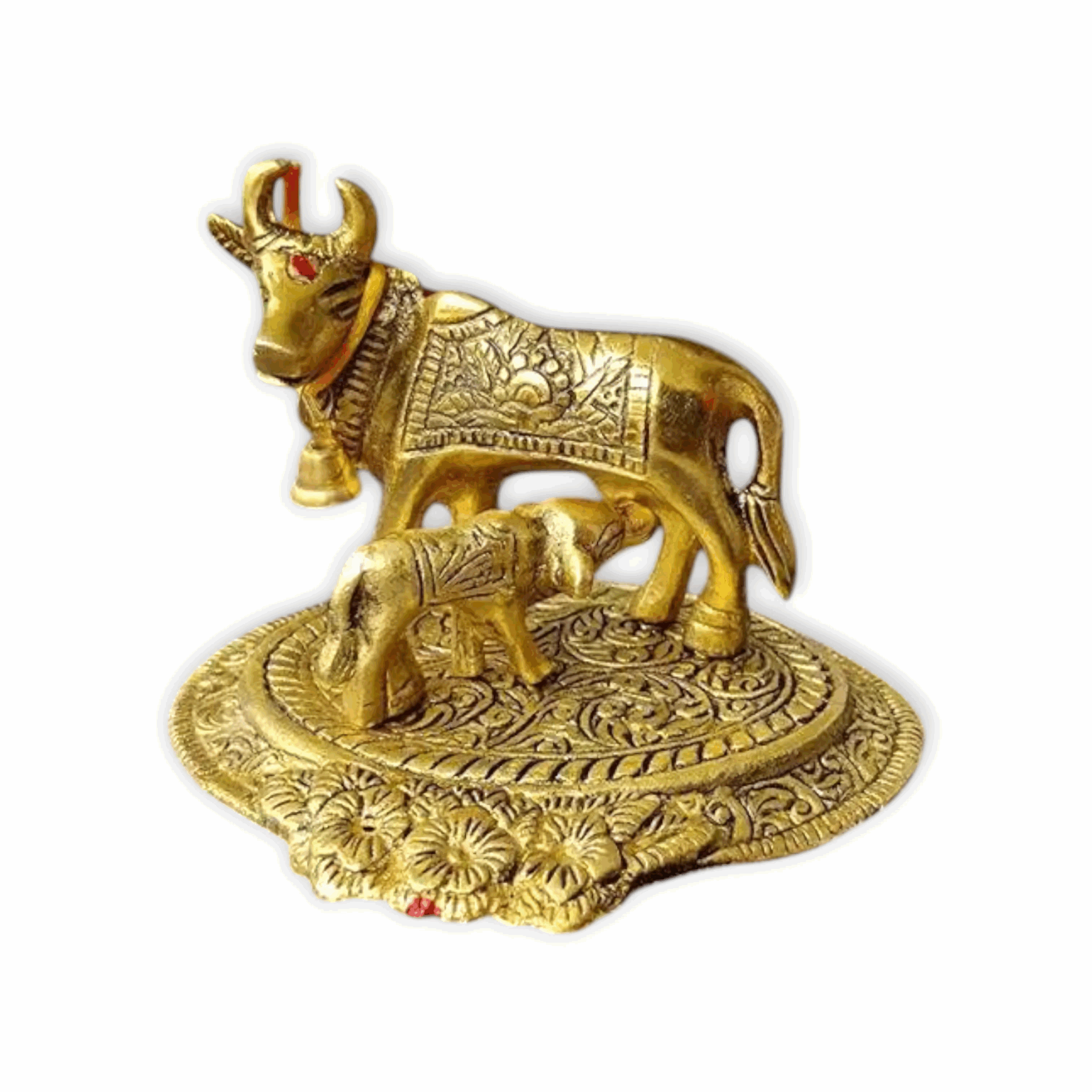 Metal Kamdhenu Cow and Calf Idol - Kamdhenu Cow with Calf - Elegant Kamdhenu Cow and Calf Metal Statue - Spiritual Showpiece