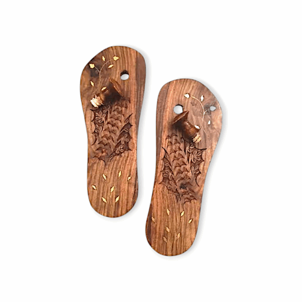 Wooden Handmade Slippers With Flower Star Printed Design Khadau - For Temple - Husnain Bazar Men Handcraft Bazar Wooden Khadau - For Foot Shaped Design - Image 2