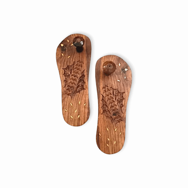 Wooden Handmade Slippers With Flower Star Printed Design Khadau - For Temple - Husnain Bazar Men Handcraft Bazar Wooden Khadau - For Foot Shaped Design