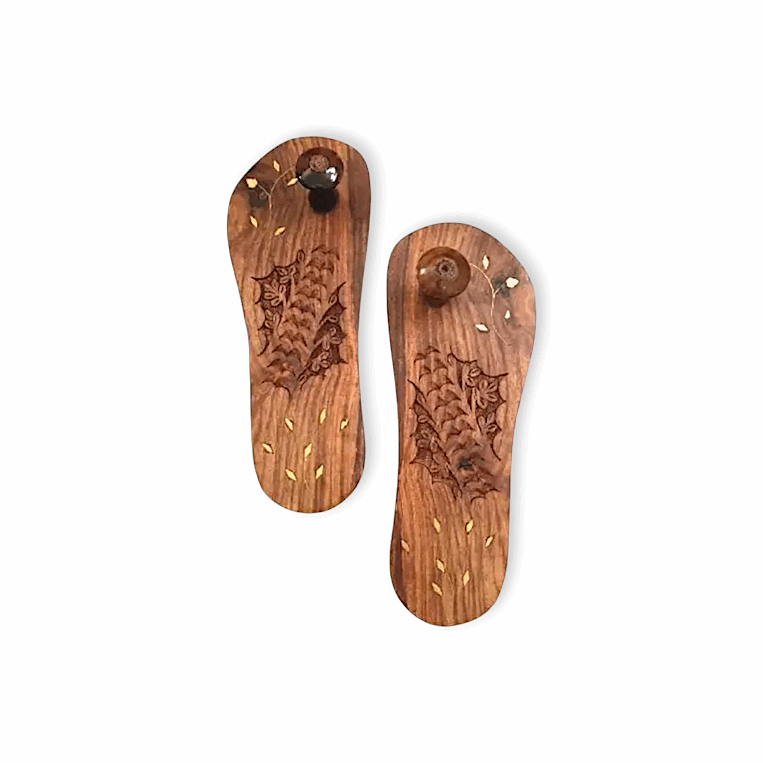 Wooden Handmade Slippers With Flower Star Printed Design Khadau - For Temple - Husnain Bazar Men Handcraft Bazar Wooden Khadau - For Foot Shaped Design