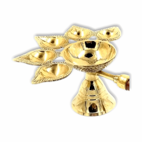 Brass Panchmukhi Arti With Wooden Handle For Pooja - 5 Batti Deepam -Diya For Mandir Aarti Puja - Image 2